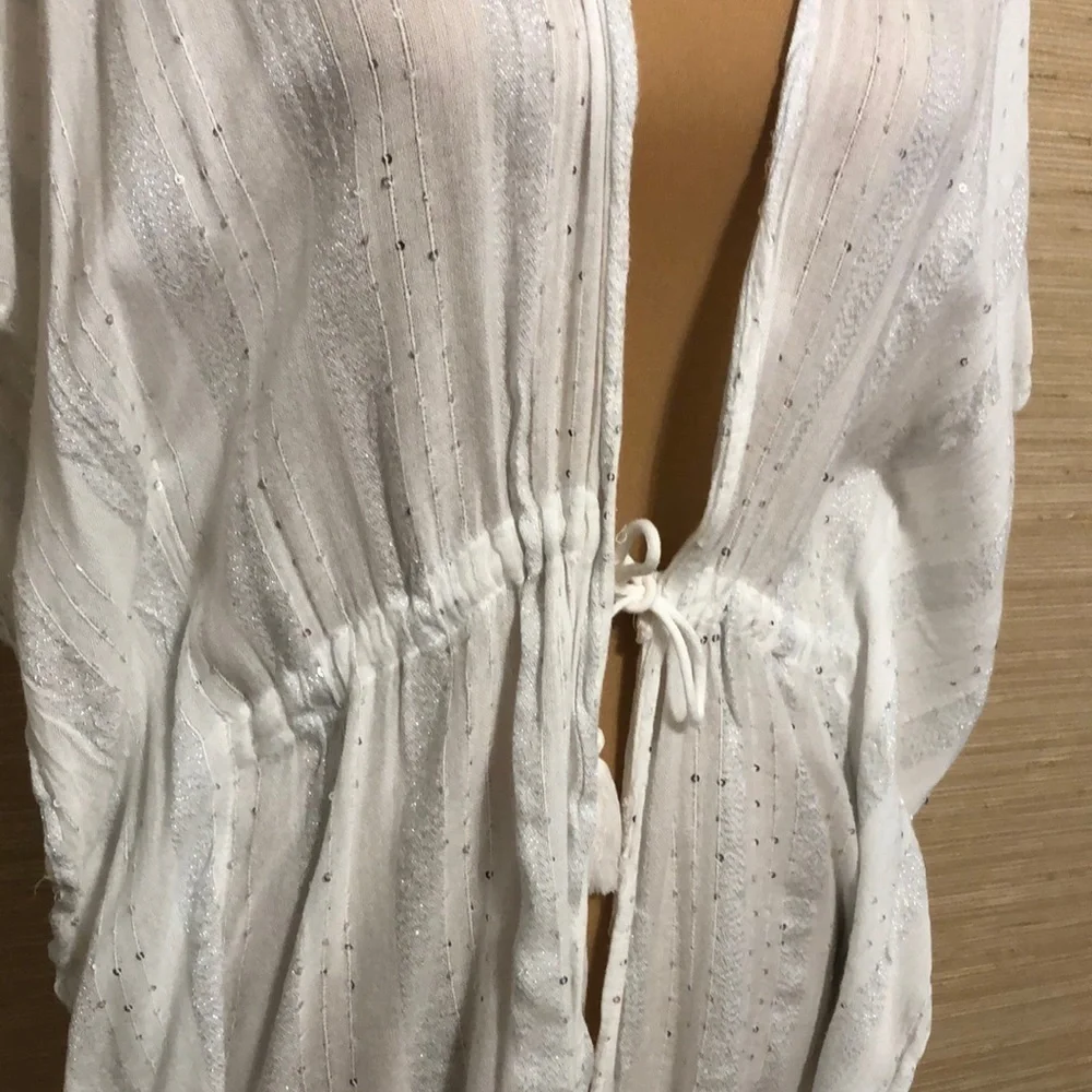 White Women's Swim Drawstring Waist Silver Sequin Tassel Sheer Cover-Up L/XL